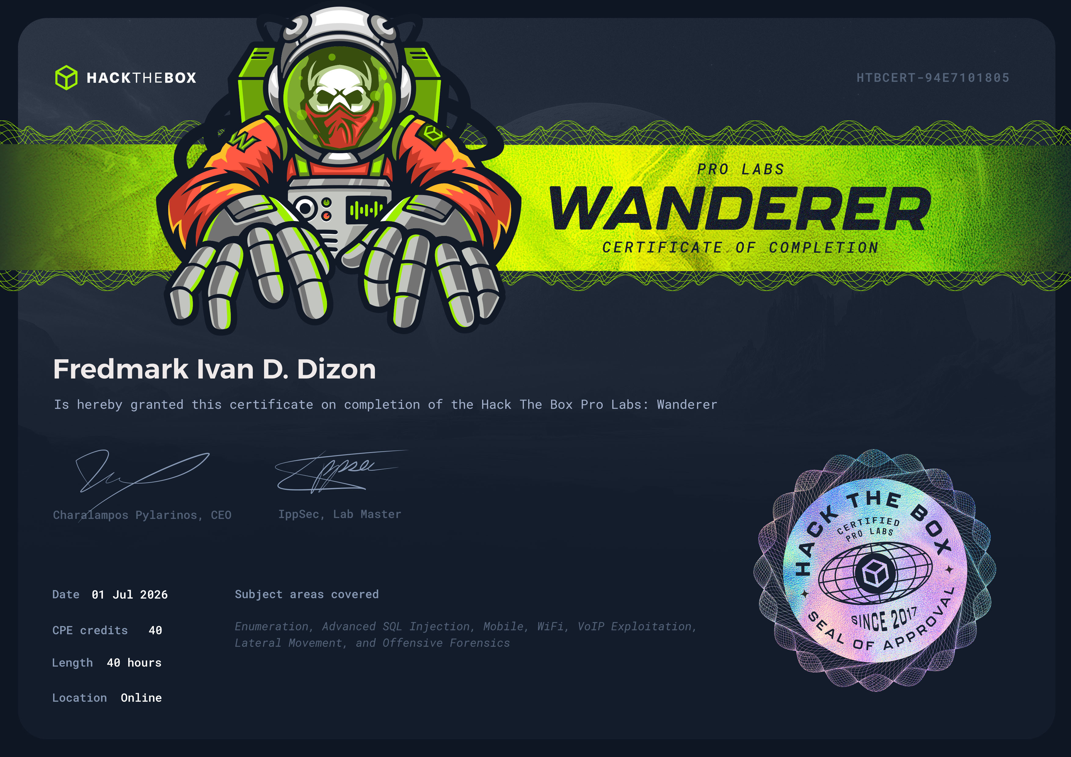 HackTheBox Wanderer Certificate